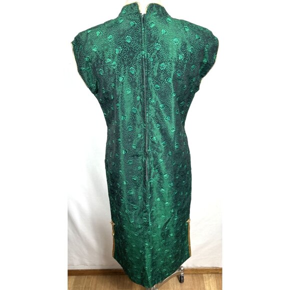 Asian Cheongsam Dress Green Gold Sz M Zip Closure Fully Lined Vintage - Picture 6 of 7